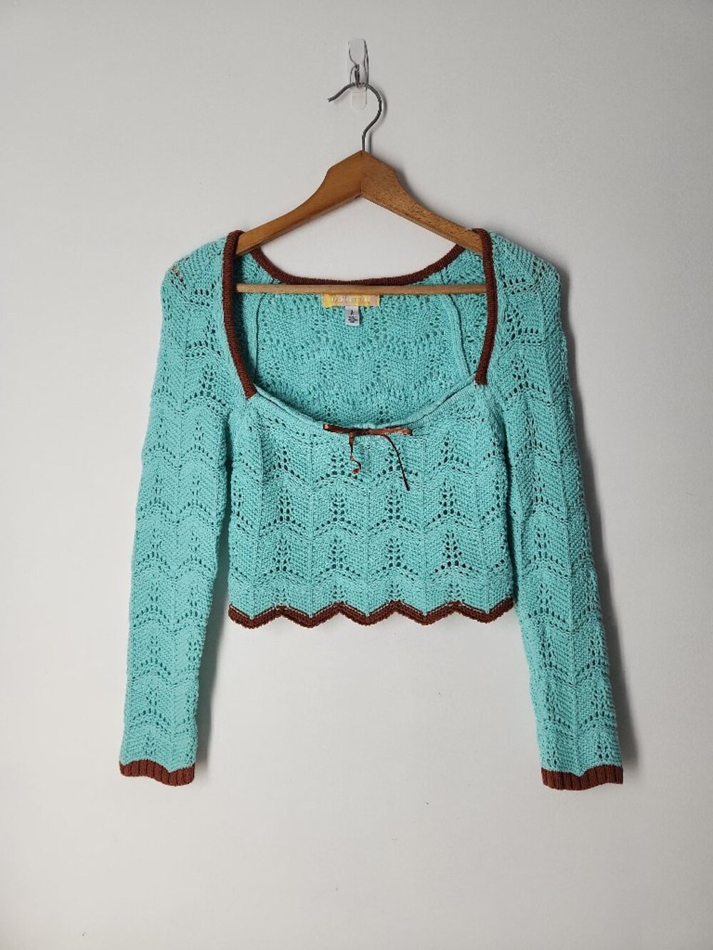 Urban Outfitters Blaire Crochet Square Neck Sweater crop top aqua/blue brown S